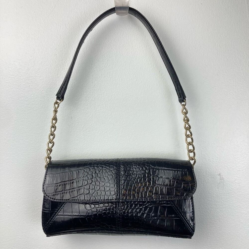 Vintage Y2K Mini Satchel Shoulder Bag Black‎ Alligator Print Brass Chain Vegan